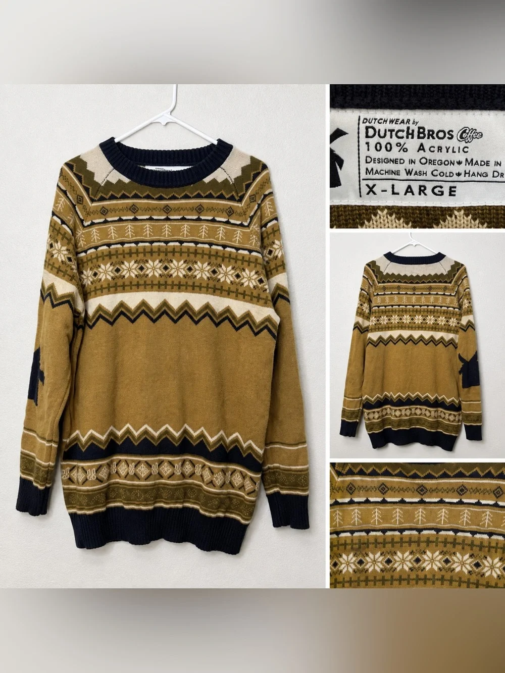 Dutch Bros Coffee Sweater Mens XL Fair Isle Brown Gold Crewneck Pullover Tan